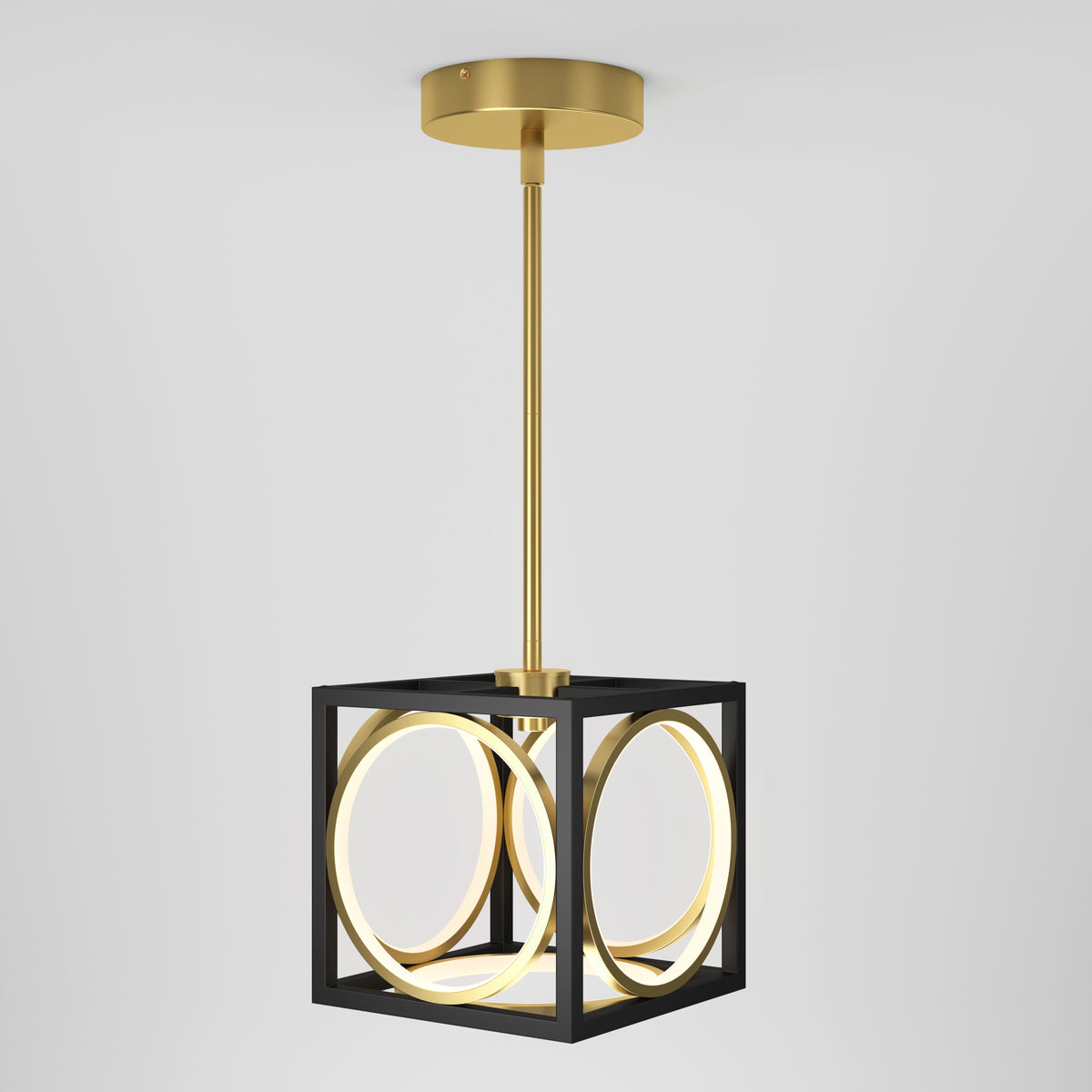 The Astoria LED modern pendant light by Artika features a gold rod and canopy, a black cubic frame, and glowing circular LED rings, suspended against a plain white background.