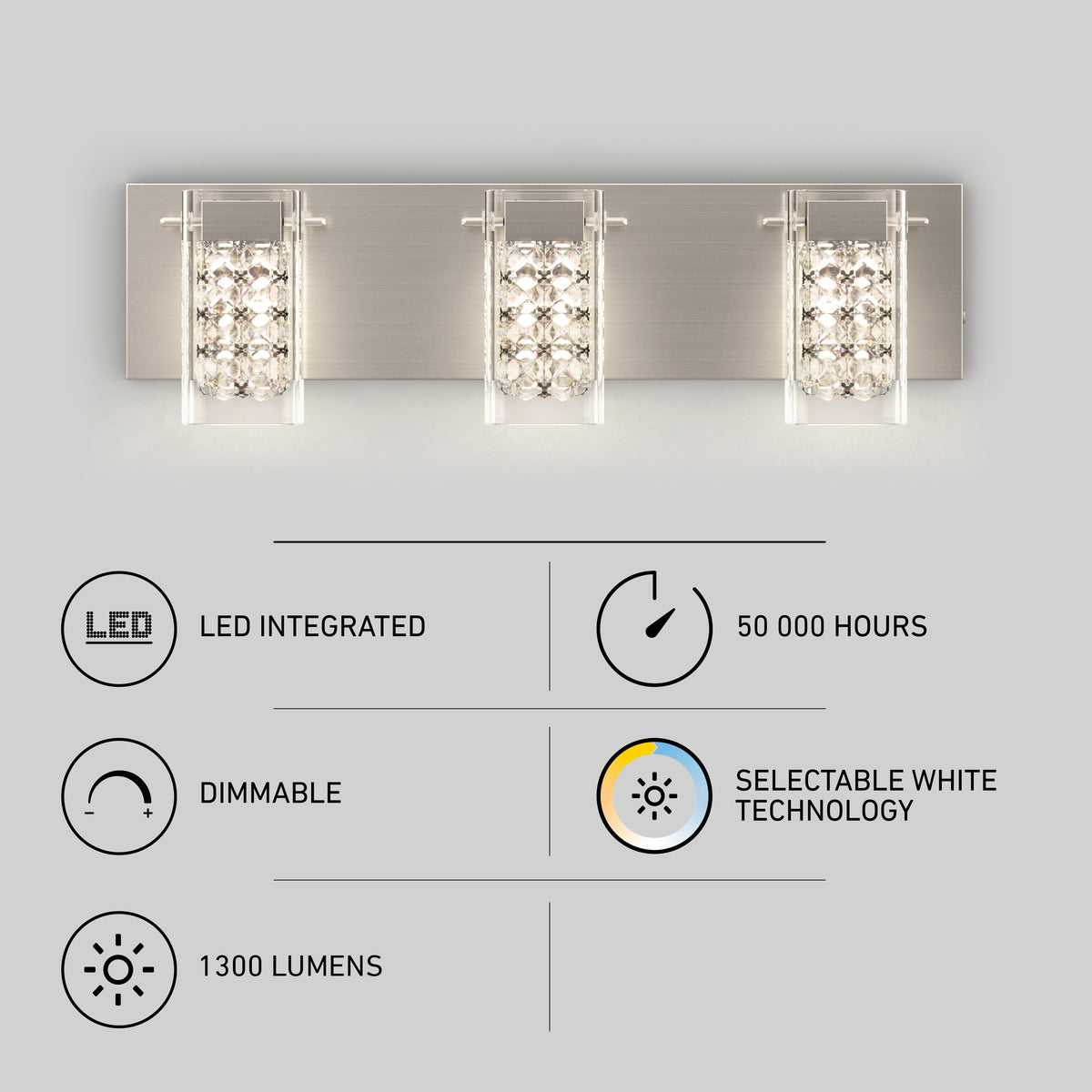 Crystal Cube 21 pulg (53 cm) luminario de vanidad de 3 luces LED moderno 5 TCL para baño