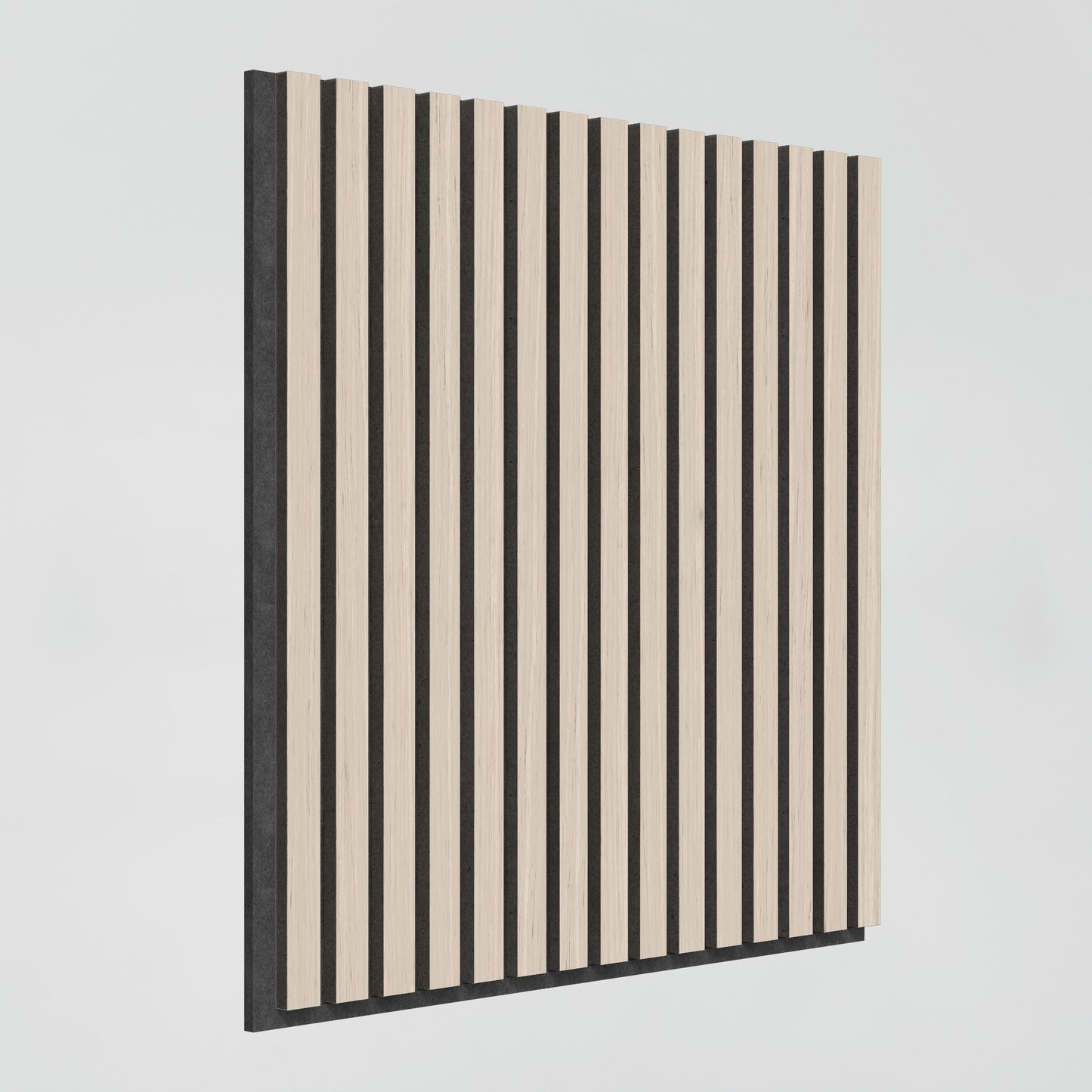 The Artika Sonolok 15.5 ft sound-absorbing wall panel kit features vertical light wood slats with evenly spaced black gaps, mounted on a light background.