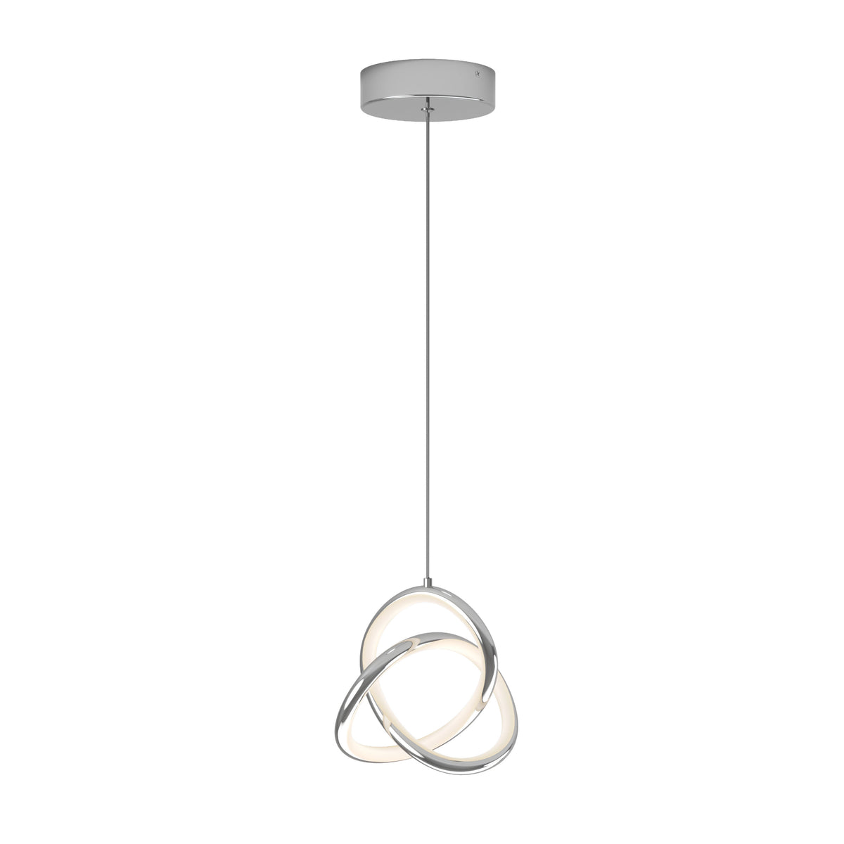 The Artika Zephyr LED pendant features three interlocking metal rings with integrated LED lights, suspended from a round ceiling mount by a single cord.