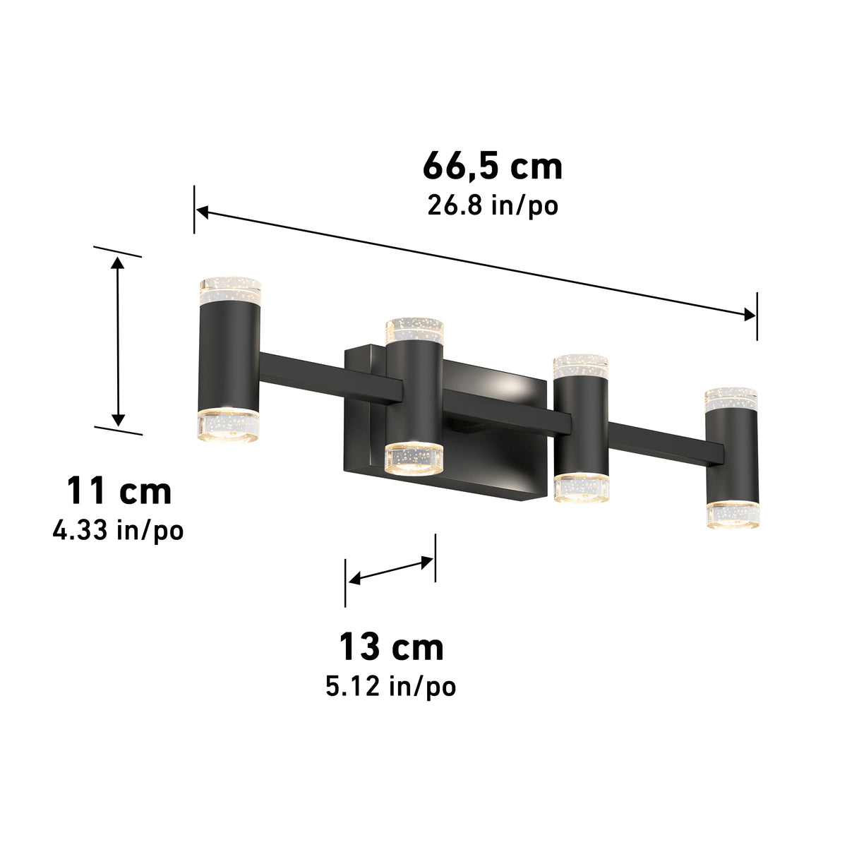 The Artika Mist modern LED bathroom vanity light 5 CCT features a black finish, four cylindrical lights with clear textured ends, adjustable colour balance, and measures 66.5 x 11 x 13 cm—perfect for stylish, customizable bathroom lighting.
