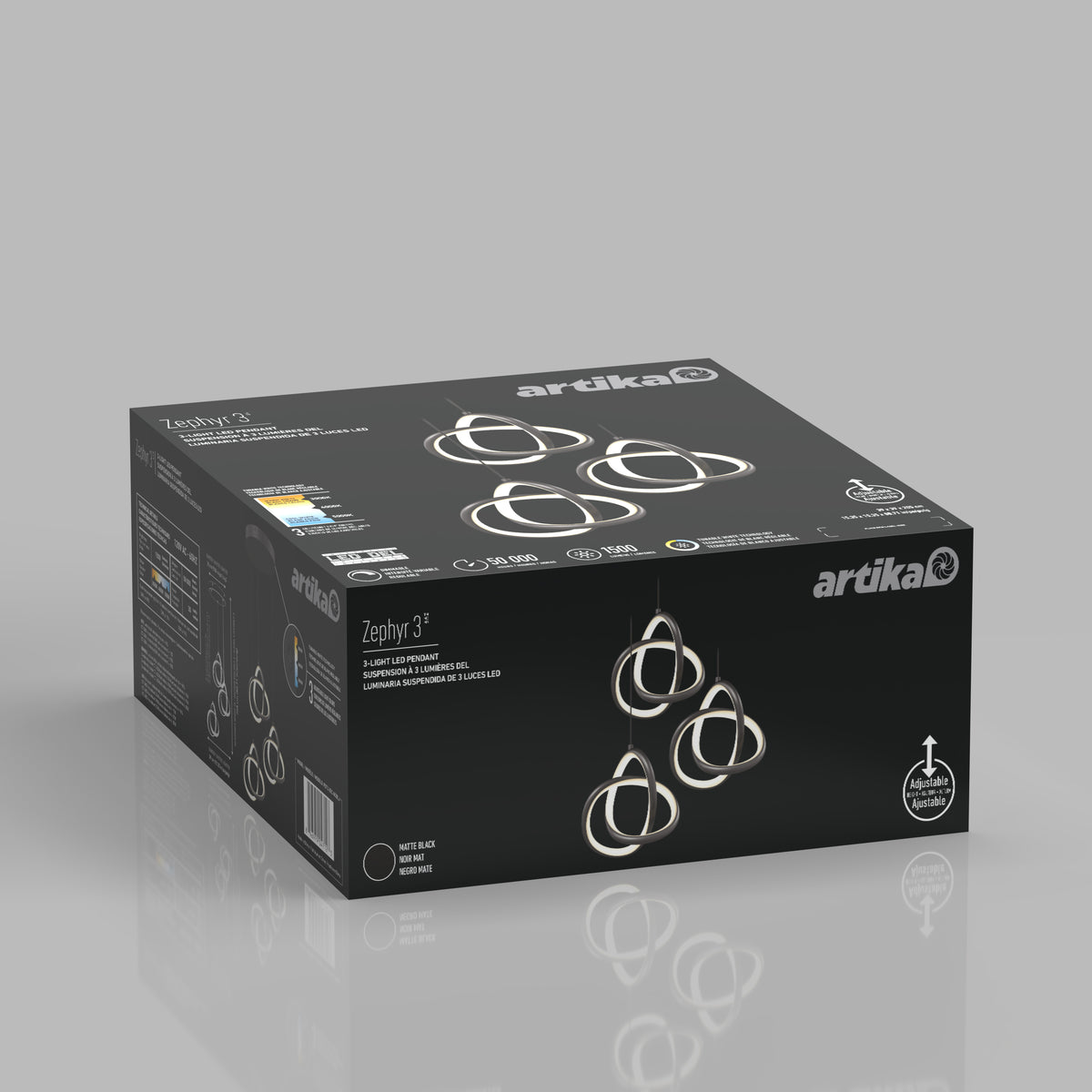 The Artika Zephyr 3-light LED pendant box displays the fixture’s three intertwined rings, product details, and Artika branding against a dark background.