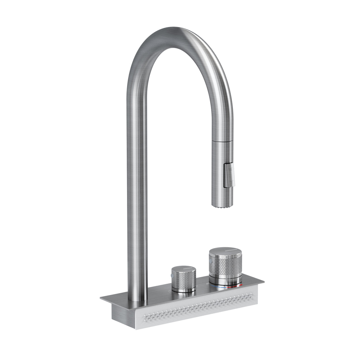 The Artika Neoflow single bowl 31 in. stainless steel workstation sink pairs perfectly with a modern pull-down faucet featuring a tall curved spout, pull-out spray head, and two textured knobs on a rectangular base.