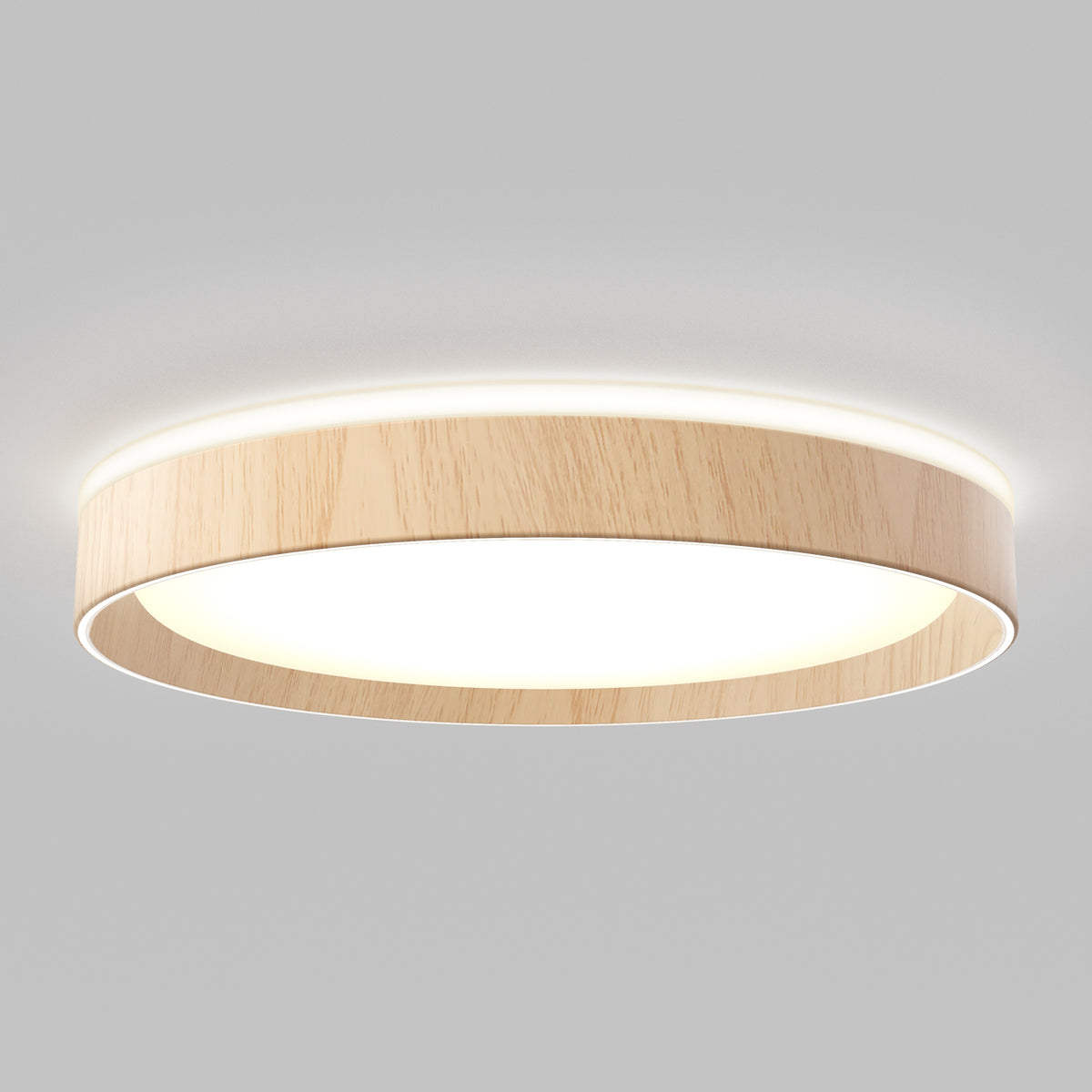 The Artika Callisto 15 in. LED flush mount light features a modern circular design with a light wood finish and glowing white center, installed on a plain, light-colored ceiling.
