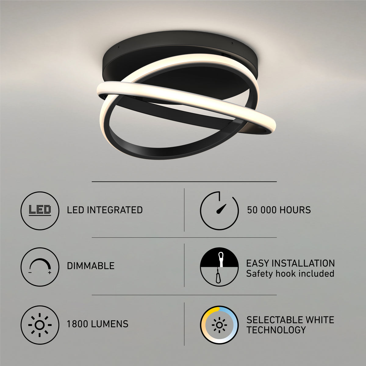 The Artika Orbia modern LED flush mount light 3 CCT features a sleek black and white design with two interlocking loops, offering dimmable 1800 lumens, selectable white (3 CCT), LED integrated, 50,000-hour lifespan, and easy installation.