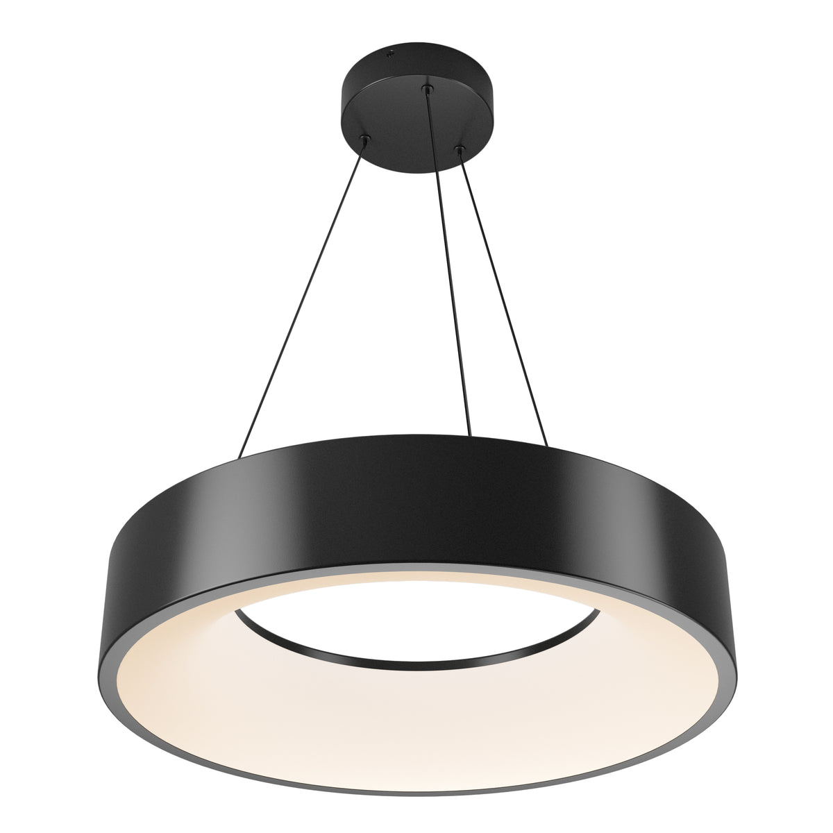 The Artika Aiden LED pendant light features a modern circular black ring design, suspended by three cables. Its inner LED emits a soft, even white glow, delivering a sleek and contemporary look.