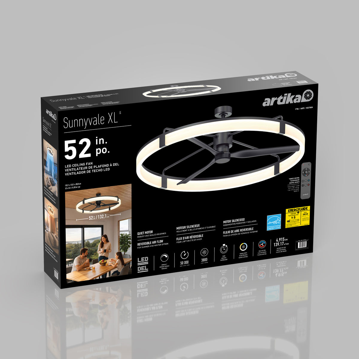 Box for Artika Sunnyvale 52 in. LED ceiling fan with remote, featuring product details and a kitchen installation image.