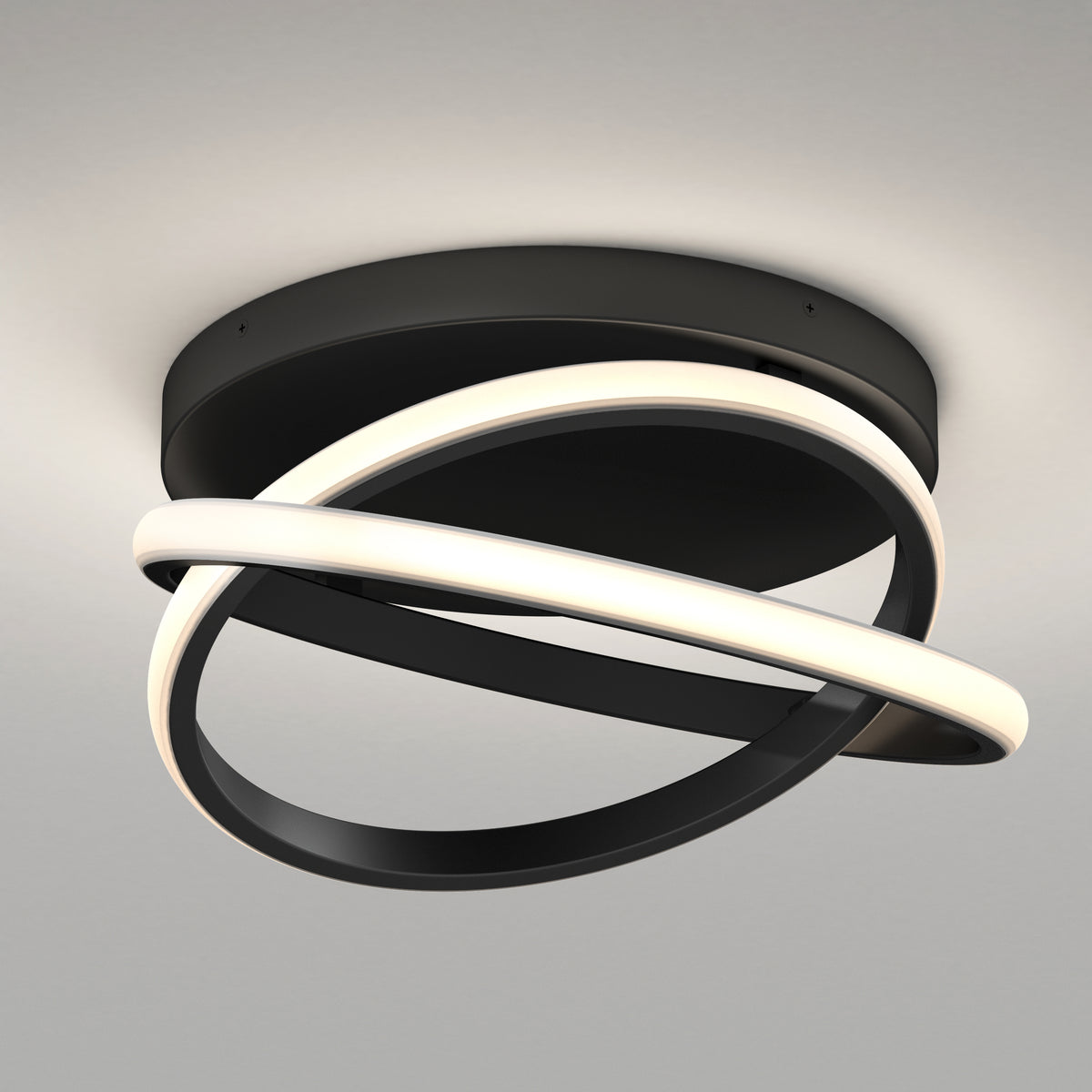 The Artika Orbia modern LED flush mount light features two intersecting circular bands—one glowing white, one matte black—mounted on a round black base, offering 3 CCT options for a sleek look against any ceiling.