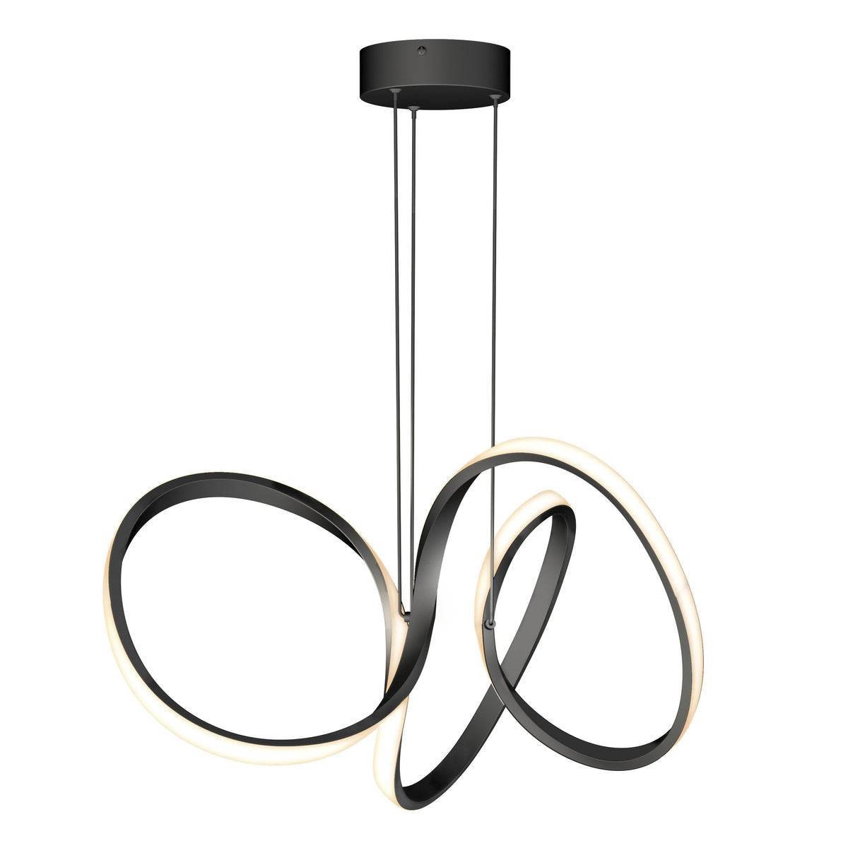 The Artika Swirl LED pendant light features three intertwined black metal loops with integrated LED strips that emit a soft white glow, suspended from a round ceiling mount by thin wires.