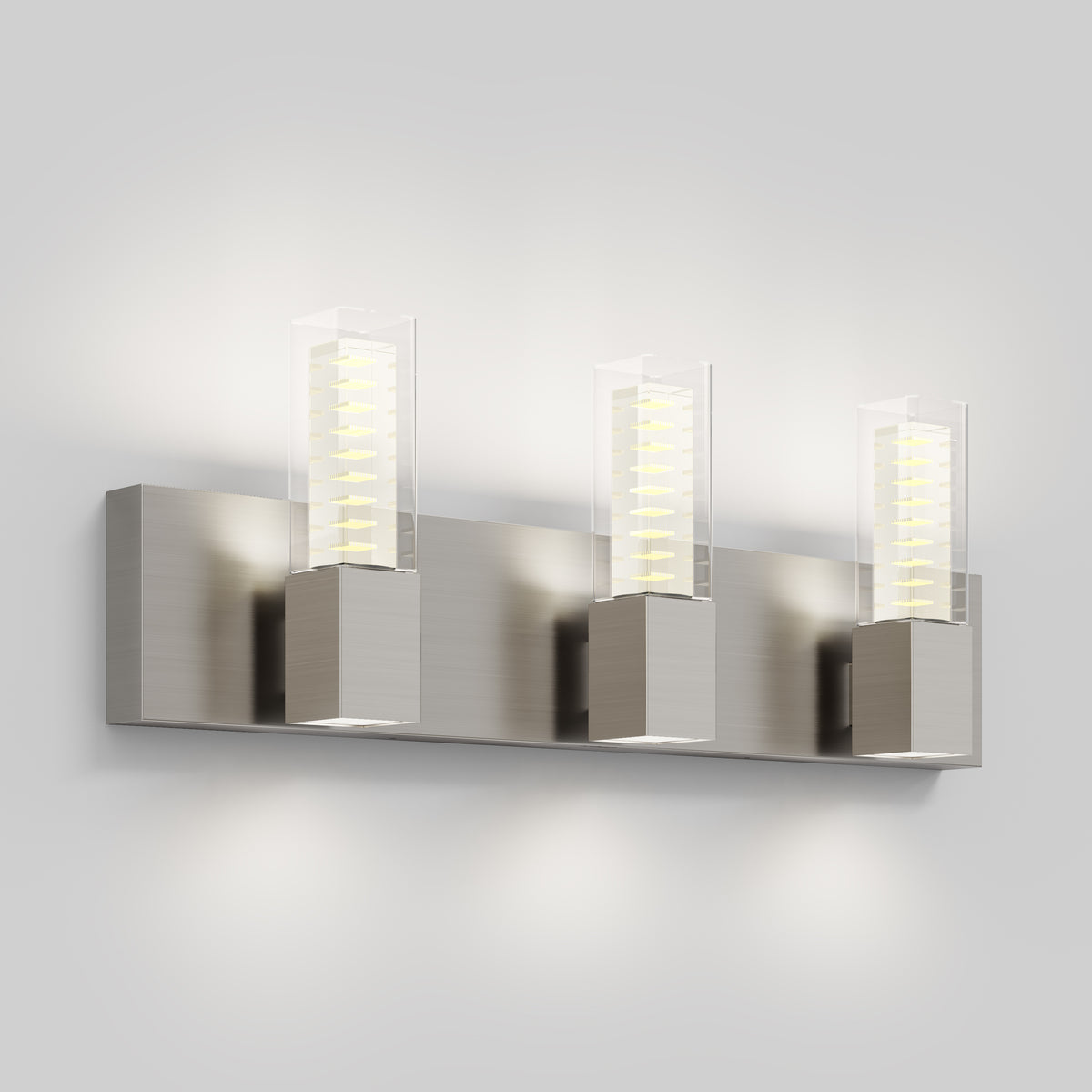 Artika Hologram LED modern bathroom vanity light 5 CCT with brushed finish and frosted glass, shown on a light gray wall.