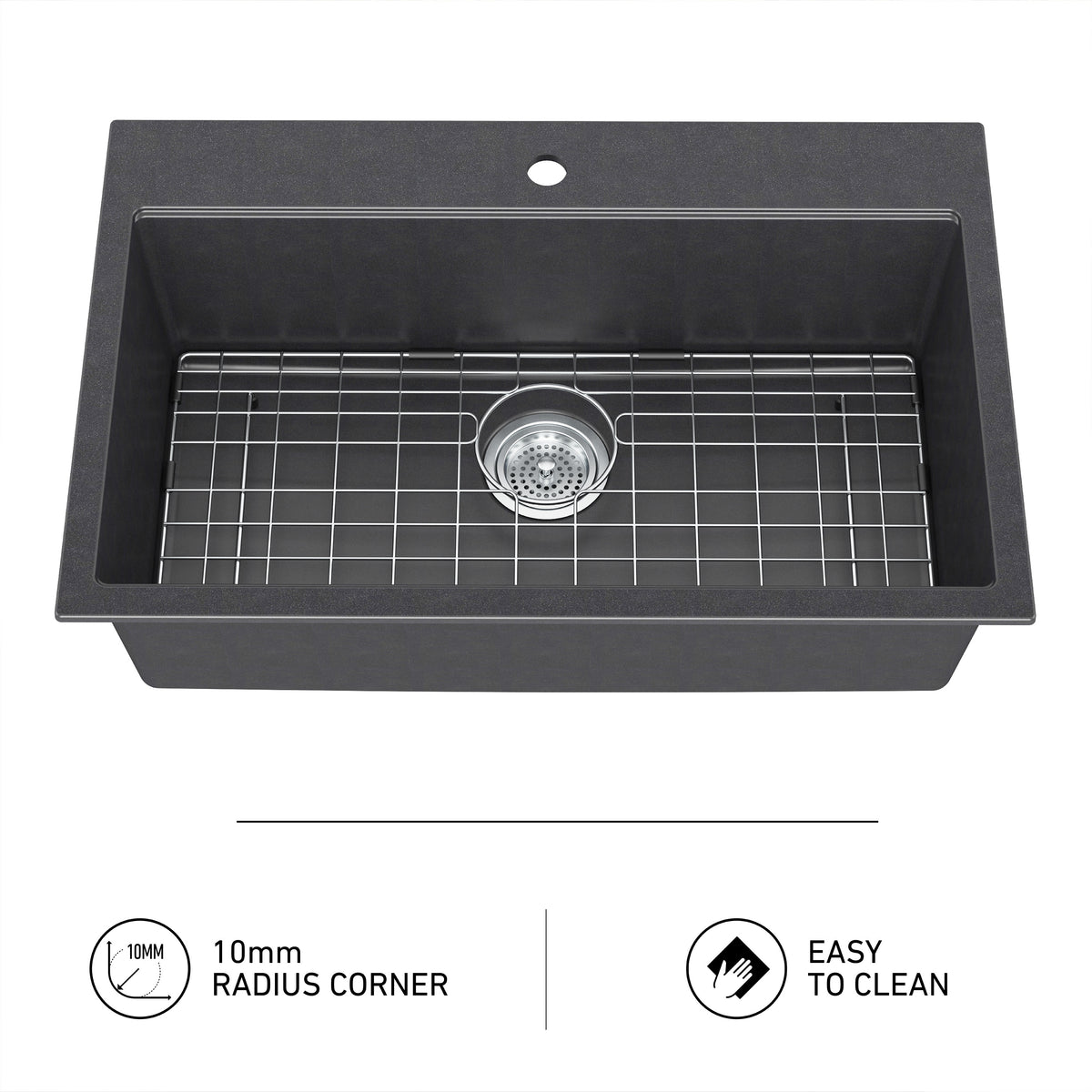 Artika Baycrest 31 in. Modern Sink: black single bowl, 10mm radius, metal grid, Easy to Clean—ideal granite composite kitchen sink.