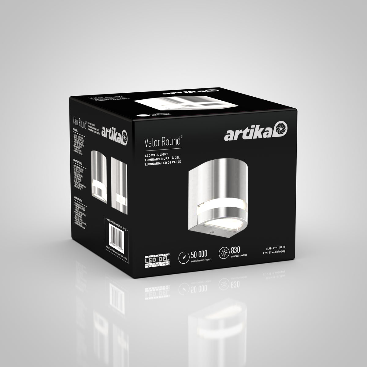 Black packaging box for Artikas Valor Round LED indoor-outdoor wall light, displaying product images, specs like 50,000-hour lifespan and 830 lumens, plus branding and details in white text.