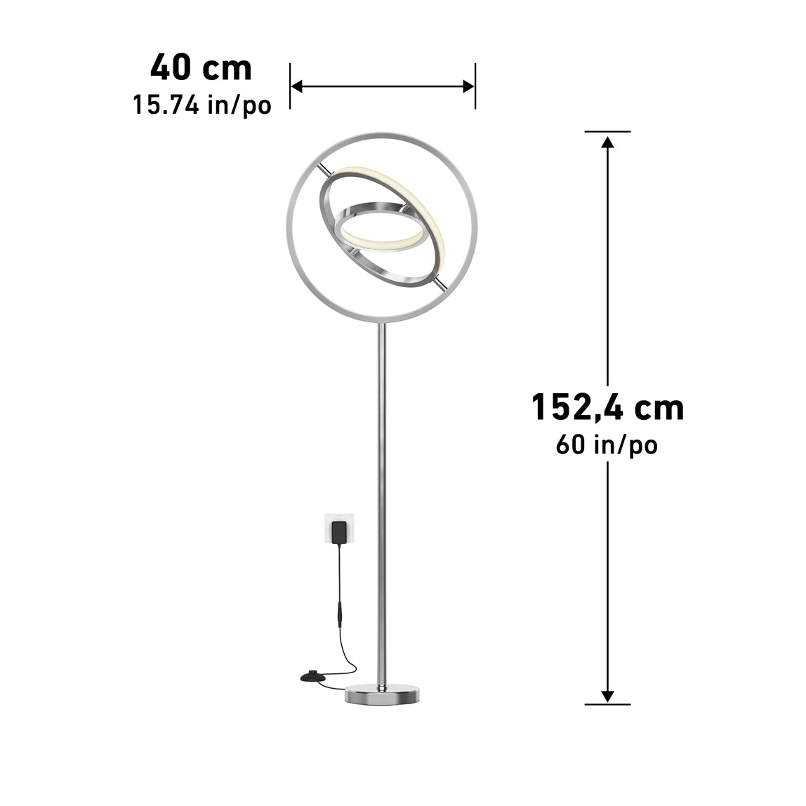 The Artika Pivot modern LED floor lamp 3 CCT features a circular LED top (40 cm wide) on a slim metal stand, stands 152.4 cm tall, and includes a power cord and plug at the base.