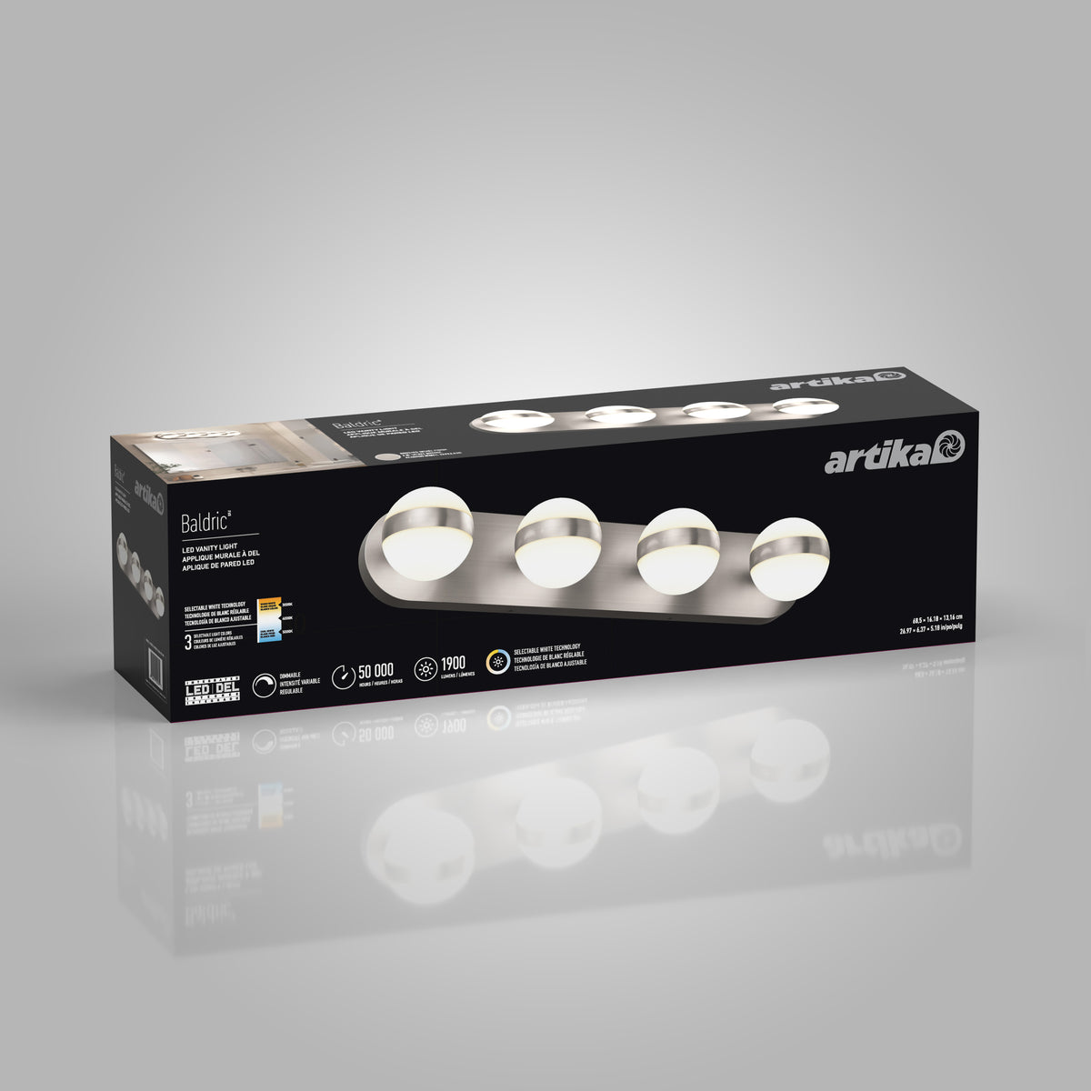 A black Artika box displays the Baldric LED modern bathroom vanity light 3 CCT with chrome accents and round white lights.