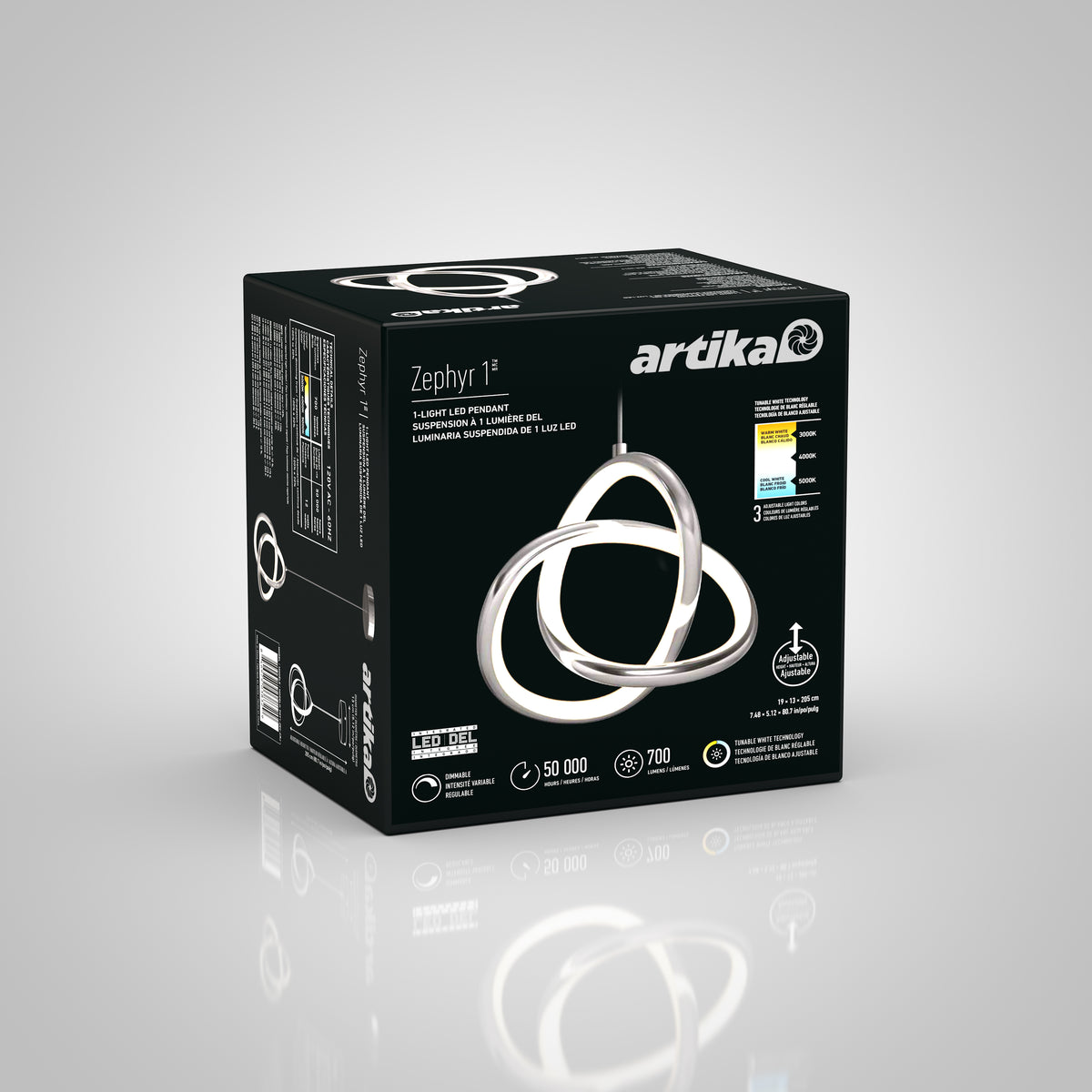 A black box package for the Artika Zephyr LED pendant showcases an image of the modern looped fixture and key details: 50,000-hour lifespan, 28W power consumption, and 700 lumens brightness.