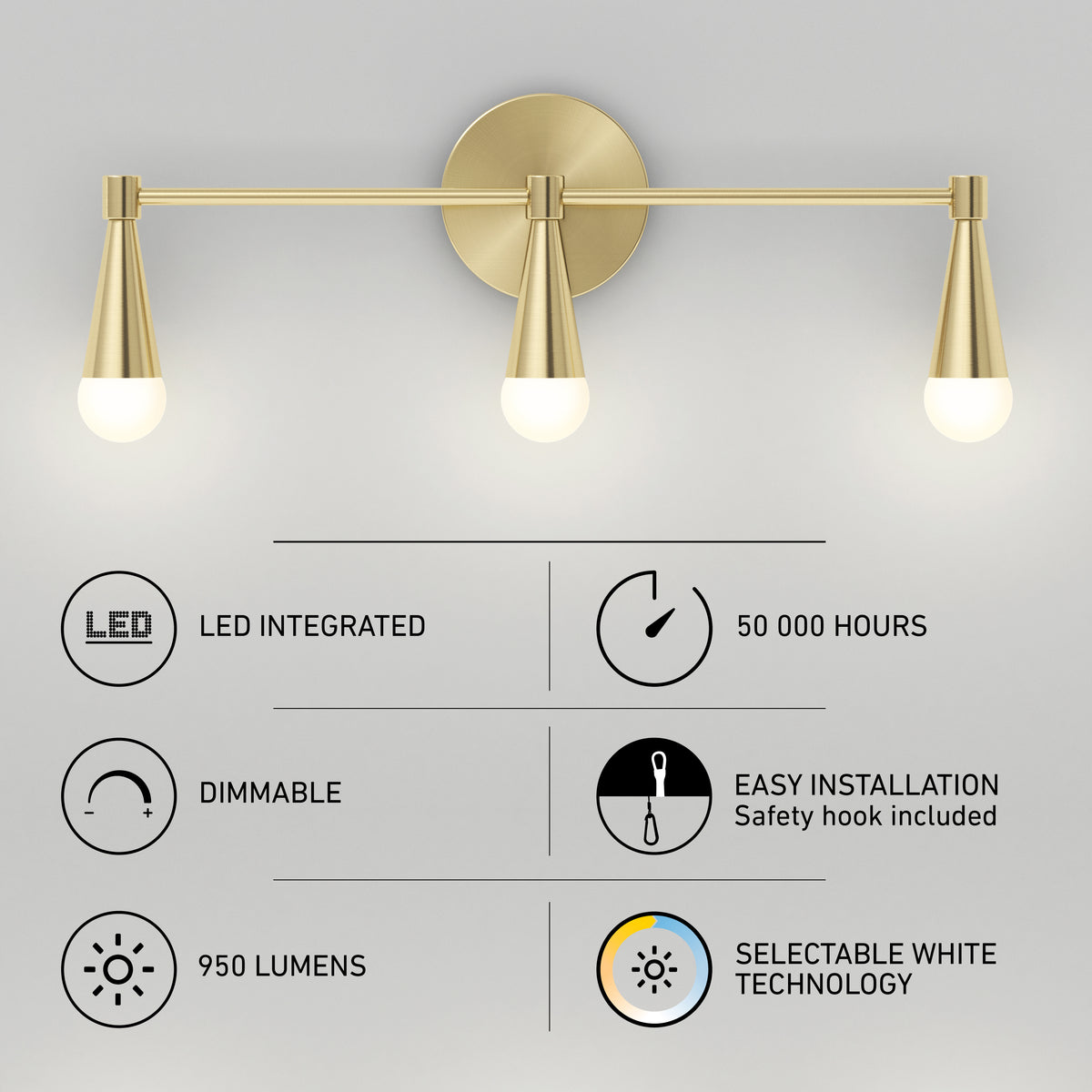 Artika Wayden LED mid-century 3 CCT bathroom vanity light: 950 lumens, dimmable, easy install, long life.
