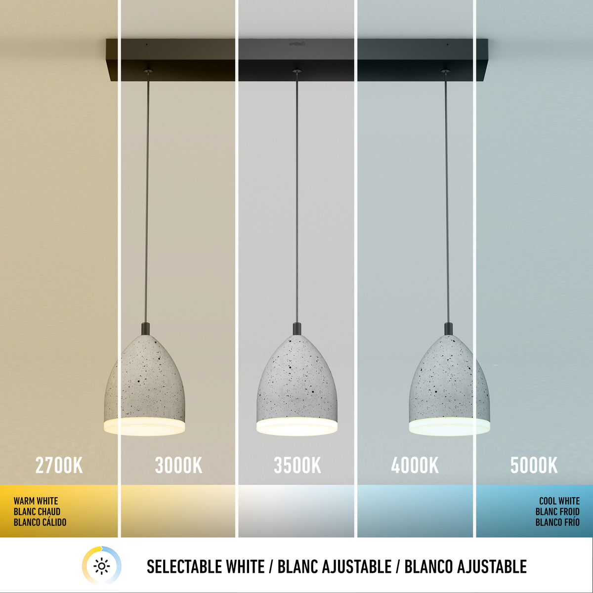 The Artika Bergen 3-light LED pendant light hangs from a ceiling bar, with each pendant shown in different white color temperatures: 2700K (warm), 3000K, 3500K, 4000K, and 5000K (cool), shifting gradually from warm to cool.
