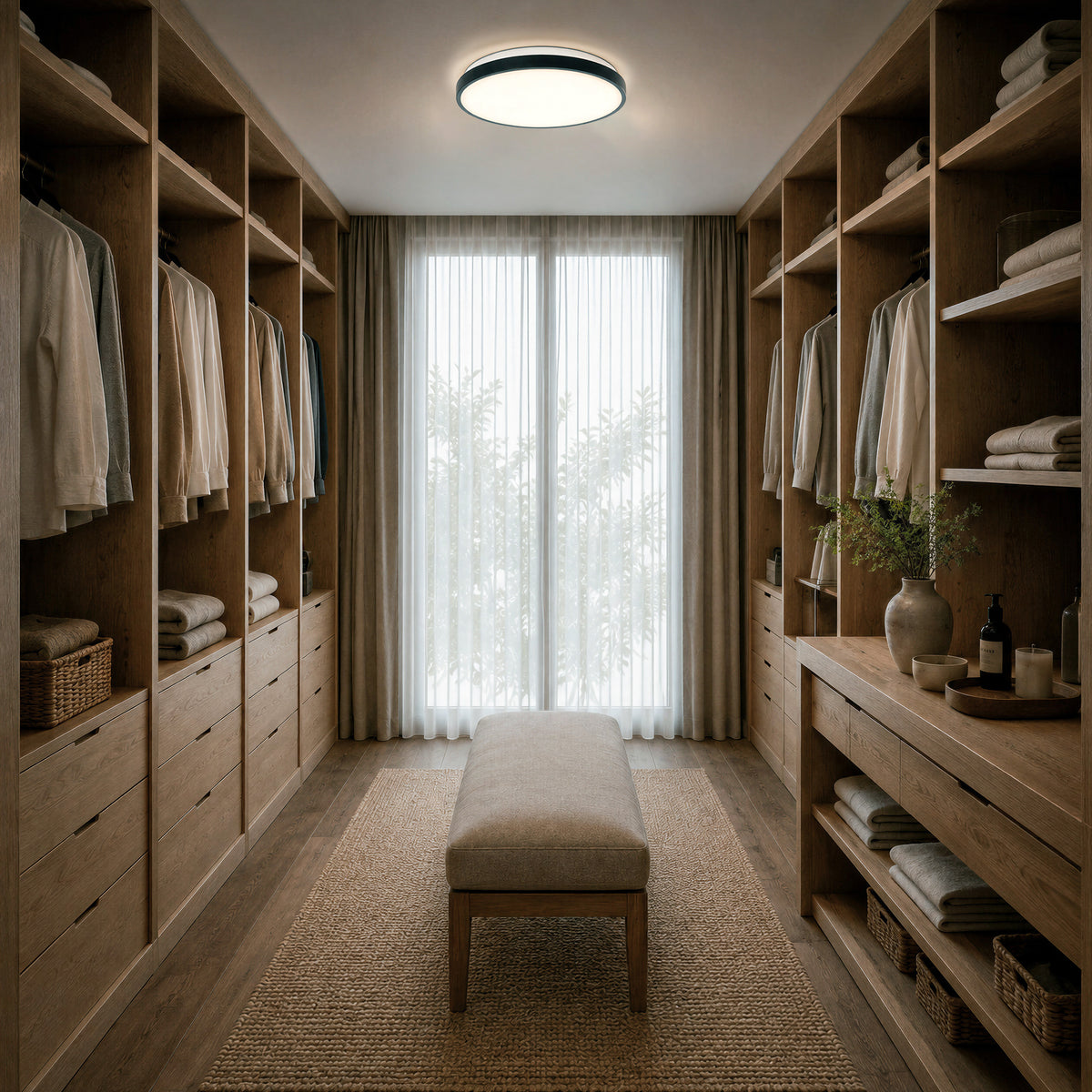 A modern walk-in closet with wooden shelves, baskets, and an Artika Isara 15 in. RGBIC LED Flush Mount for stylish lighting.