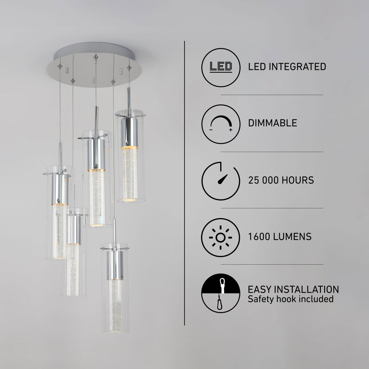 Artika Essence 5-light LED pendant: dimmable, integrated LEDs, 25,000-hour lifespan, and easy to install.