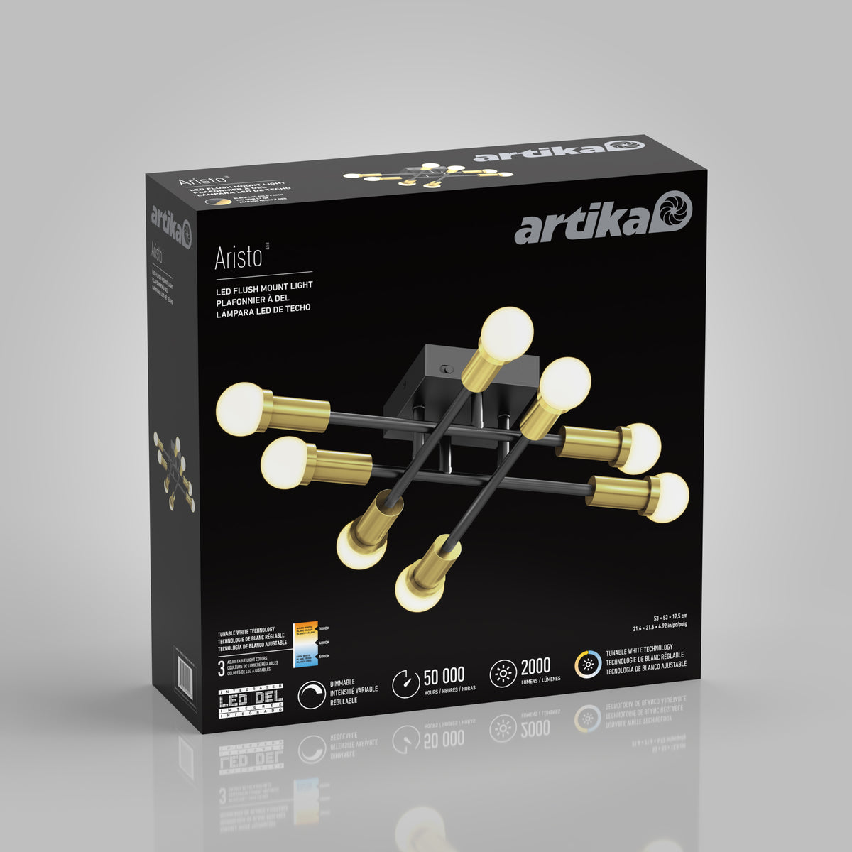 Black box packaging for Artika's Aristo LED flush mount 3 CCT, a modern ceiling light with adjustable colour temperature.