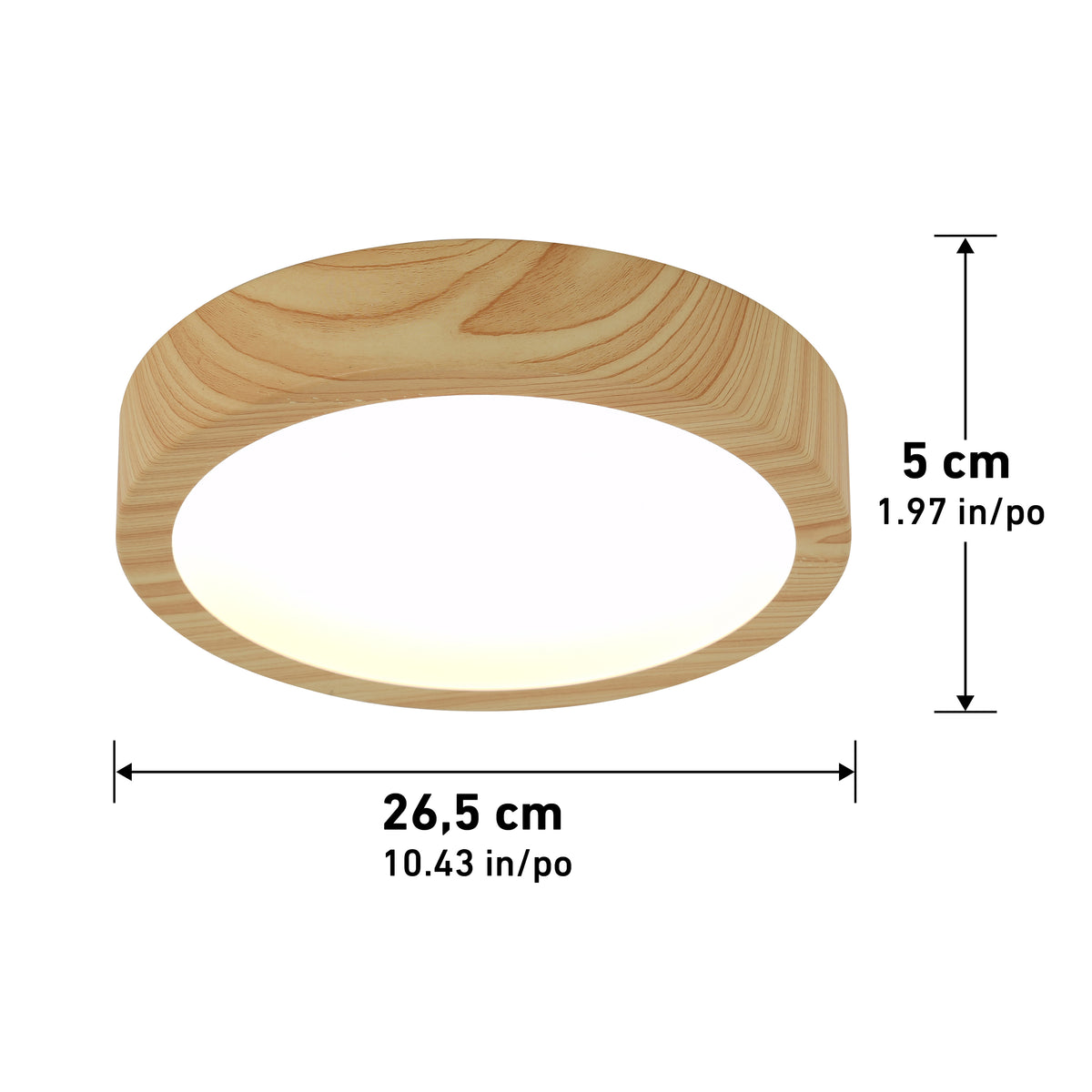 Artika Dryad 10" LED ceiling light: wood-patterned, dimmable, modern, 5 CCT, 5 cm tall x 26 cm wide with glowing center.