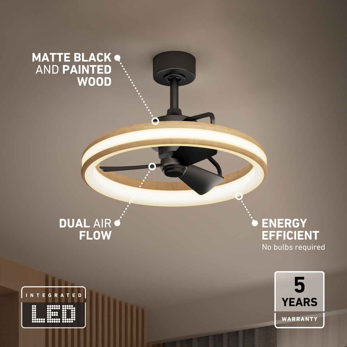 The Artika Lugano 23 in. LED modern ceiling fan features a matte black and wood finish, three black blades, dual airflow, energy efficiency, integrated LED light ring, remote control, and a 5-year warranty.