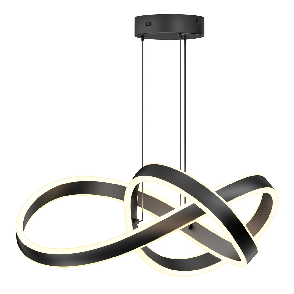 The Artika Bolero LED pendant light 5 CCT features two interlocking, twisted black rings suspended from a round mount. Its integrated dimmer lets you adjust the soft white glow along the inner edges for the perfect modern ambiance.