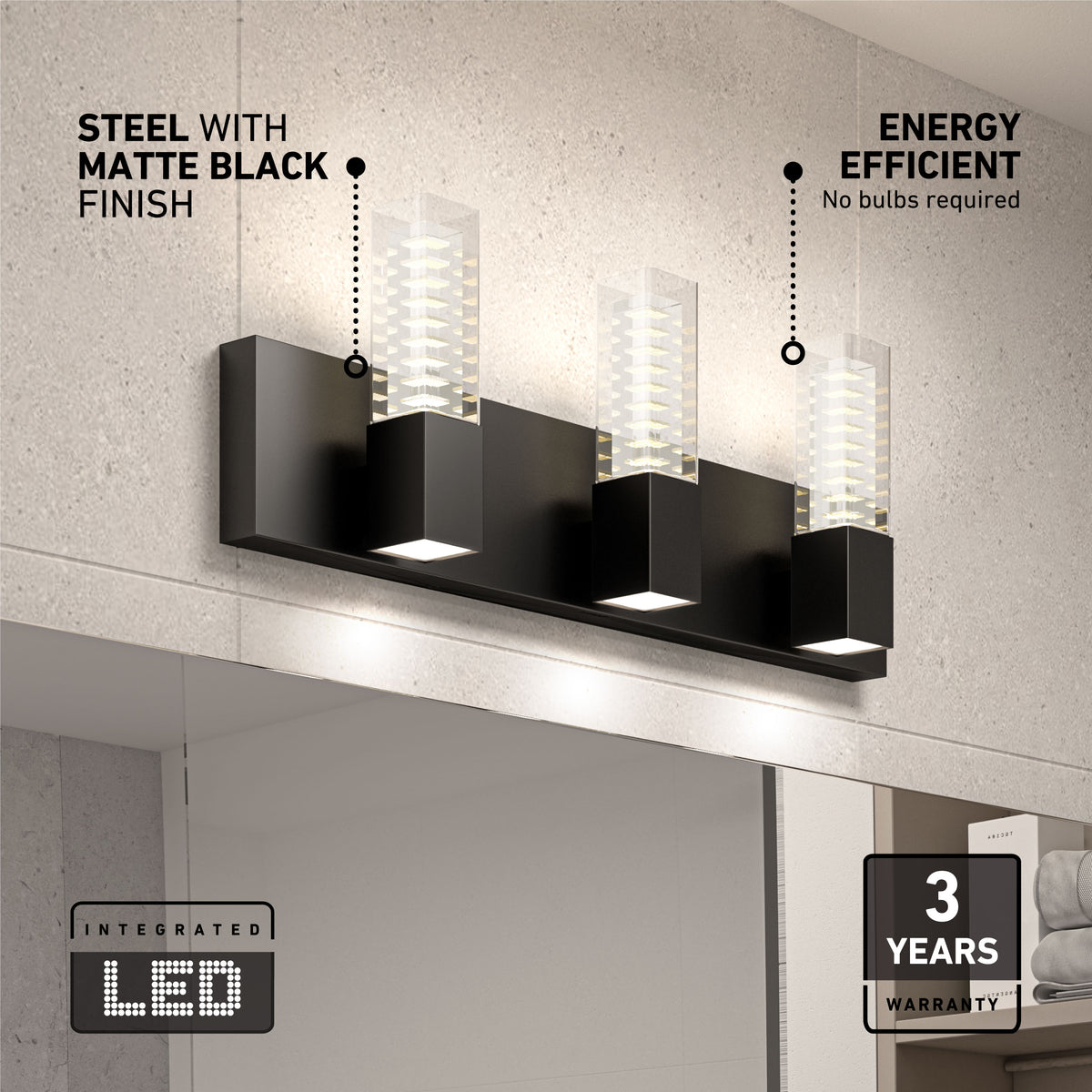 The Artika Hologram LED modern bathroom vanity light 5 CCT offers energy efficiency and a 3-year warranty—ideal over mirrors.