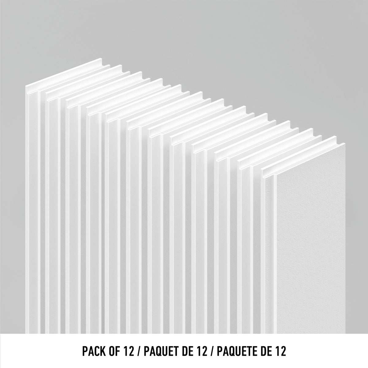 Twelve AXEN Shilap 48 in. wall panels by Artika, side view, aligned vertically on a light gray background.