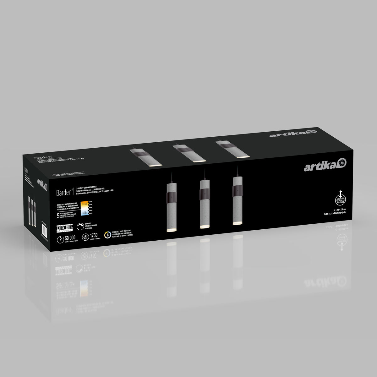 A rectangular black Artika box showcases the Barden 3-light LED pendant, with images of its modern design, color temperature options, energy-efficient icons, and product details on a light gray background.