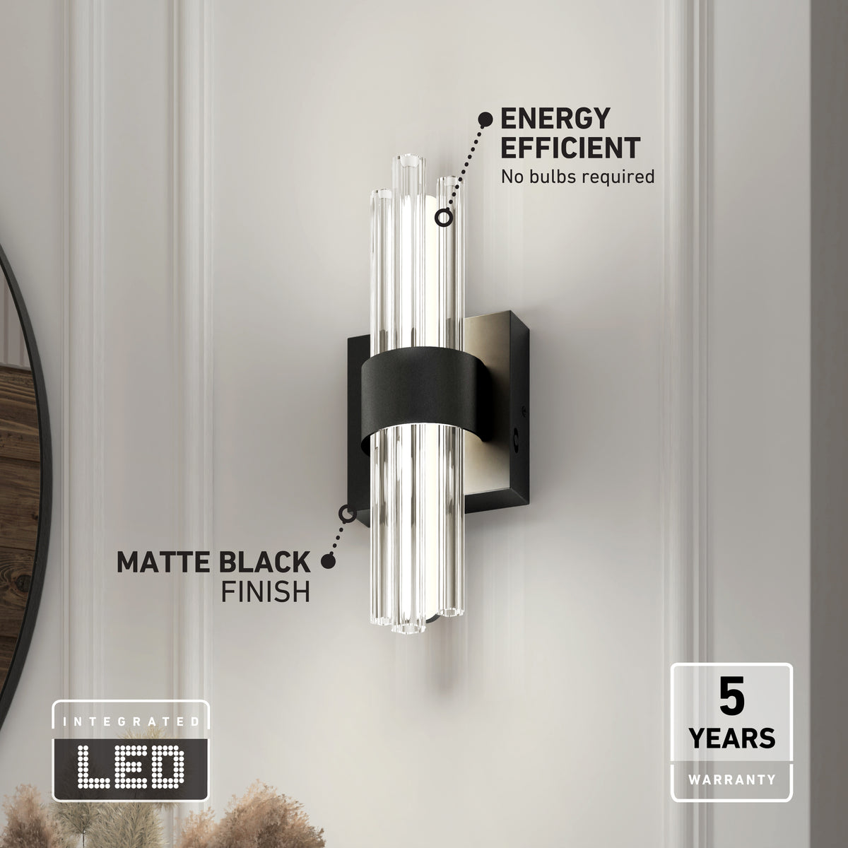The Dorado contemporary LED wall sconce by Artika features clear glass rods, a matte black finish, and adjustable 3 CCT. This energy-efficient luxury fixture has integrated LEDs (no bulbs needed) and comes with a 5-year warranty.