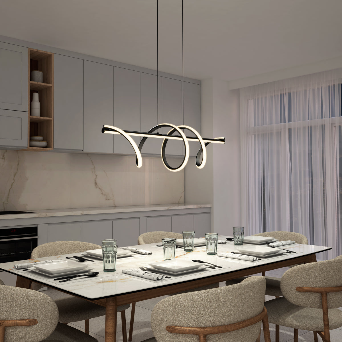 A modern dining room with a marble table for six, upholstered chairs, minimalist kitchen cabinets, and the Artika Coda modern LED pendant light 5 CCT hanging above. Sheer curtains allow natural light to fill the space.