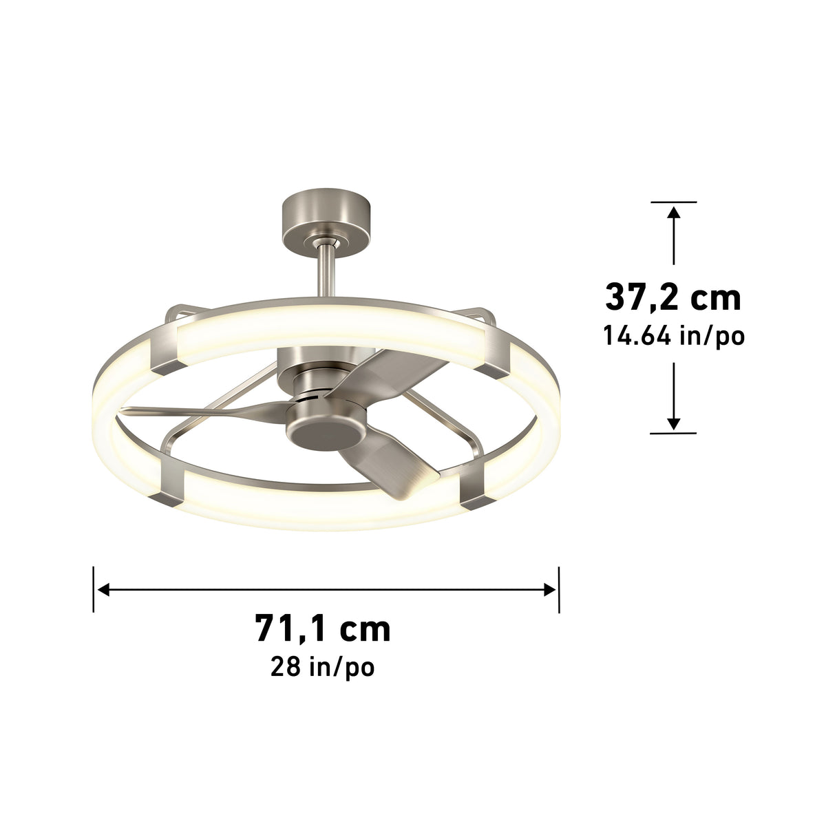 Artika Sunnyvale 28 in. LED modern ceiling fan with remote; labeled size: 71.1 cm W x 37.2 cm H; adjustable lighting included.