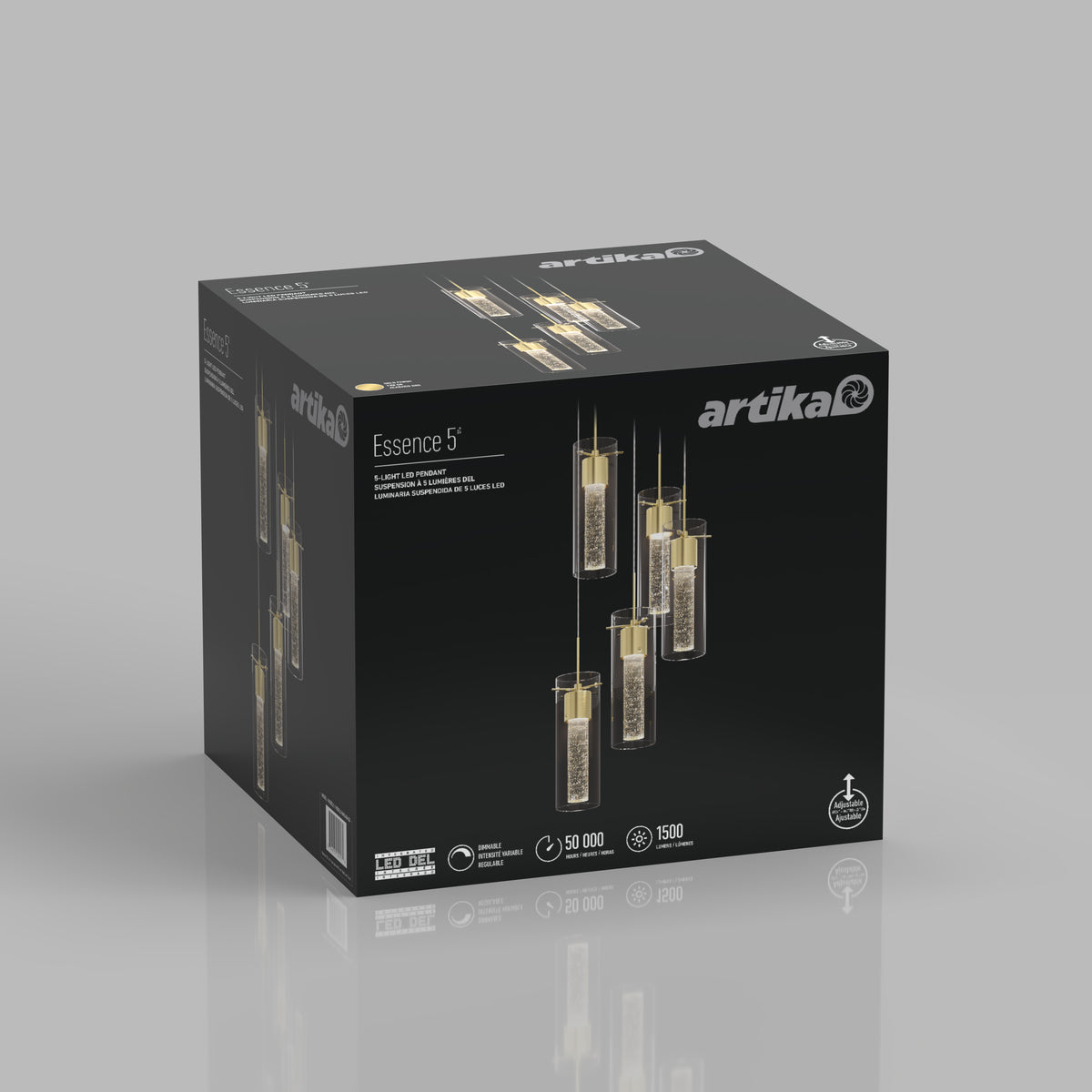 A black Artika box shows the Essence 5-light LED pendant, featuring five modern cylindrical lights, along with lighting specs and icons.
