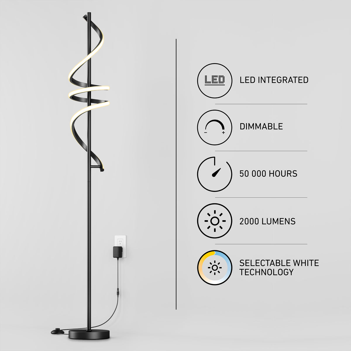 The Artika Coda modern LED floor lamp 5CCT stands by a wall outlet, with icons showing features: dimmable, LED integrated, 50,000-hour lifespan, 2000 lumens brightness, and selectable white technology.