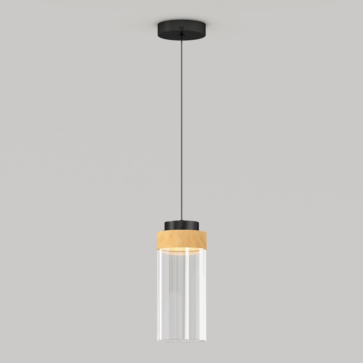 The Artika Hanson 1-light LED Pendant 5 CCT features a black ceiling mount, black cord, and a cylindrical glass shade with a wooden accent near the top, shown against a plain light gray background.