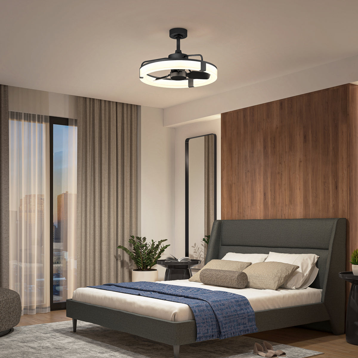 Modern bedroom with gray bed, blue blanket, plants, wood wall, and Artika Sunnyvale 23" LED fandelier ceiling fan with remote.