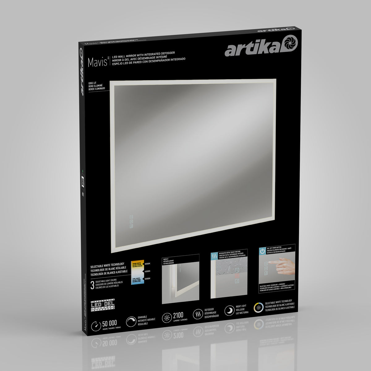 A black box displays the Artika Mavis 48" x 36" Rectangular LED Mirror, 3CCT, with Defogger. The packaging shows the illuminated-edge mirror and icons for touch sensor, anti-fog (defogger), and energy efficiency.
