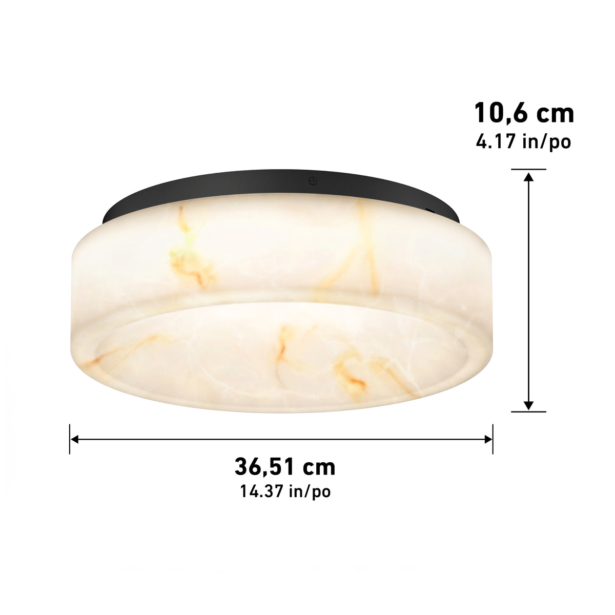 The Clifford 15 in. flush mount light by Artika features a marble-like pattern, black base, and measures 36.51 cm (14.37 in) in diameter and 10.6 cm (4.17 in) high, with selectable color temperature (5 CCT).