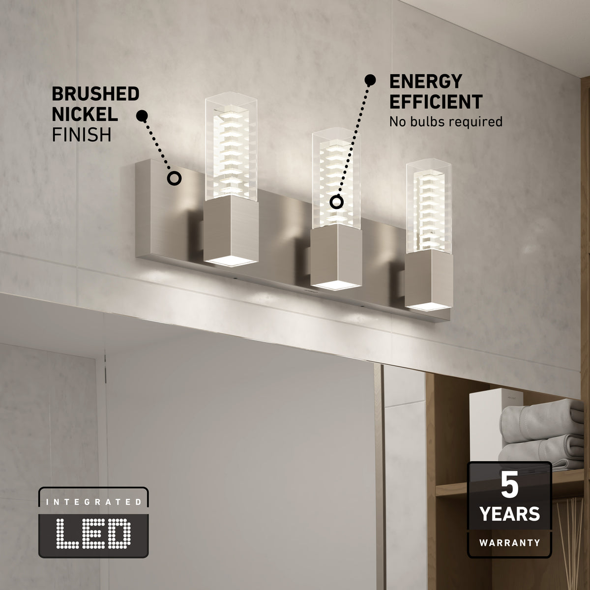 Artika Hologram LED modern bathroom vanity light 5 CCT, dimmable, brushed nickel, 3 glass shades, 5-year warranty.