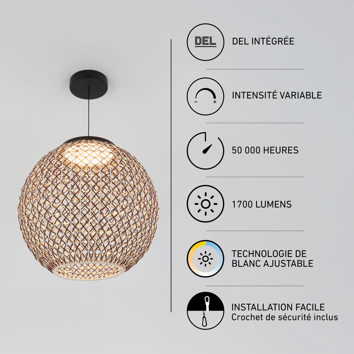 Artika Benson LED pendant light 5 CCT: adjustable brightness, 50K hrs, 1700 lm, multiple colors, easy install.