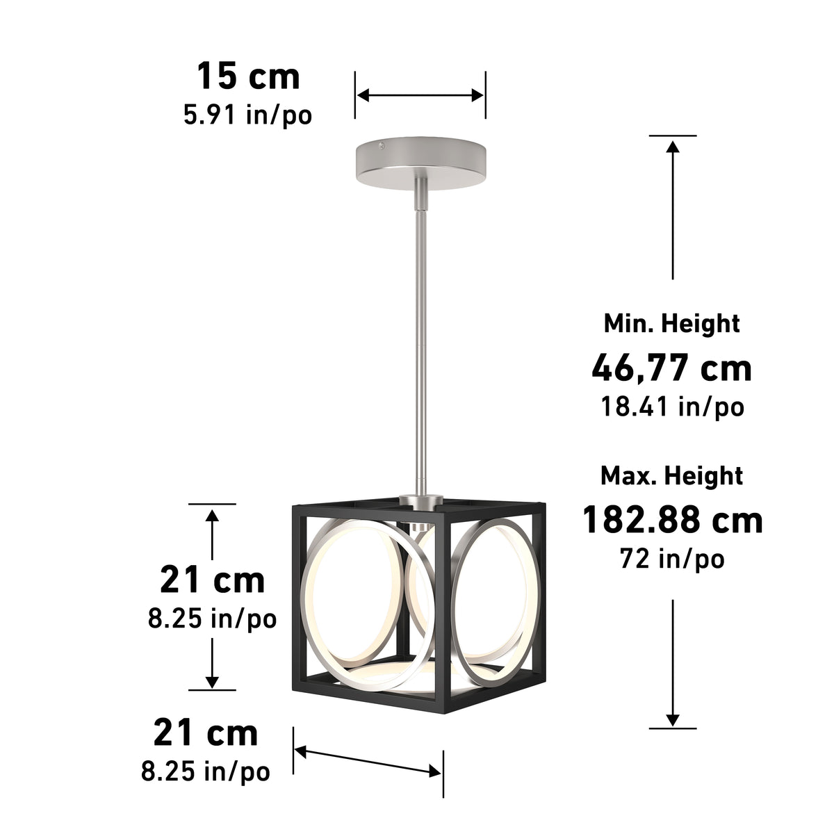 The Artika Astoria LED modern pendant light features a cube-shaped shade, round ceiling mount, and black and gold finish. Adjustable hanging height from 46.77 cm to 182.88 cm allows versatile placement in any space.