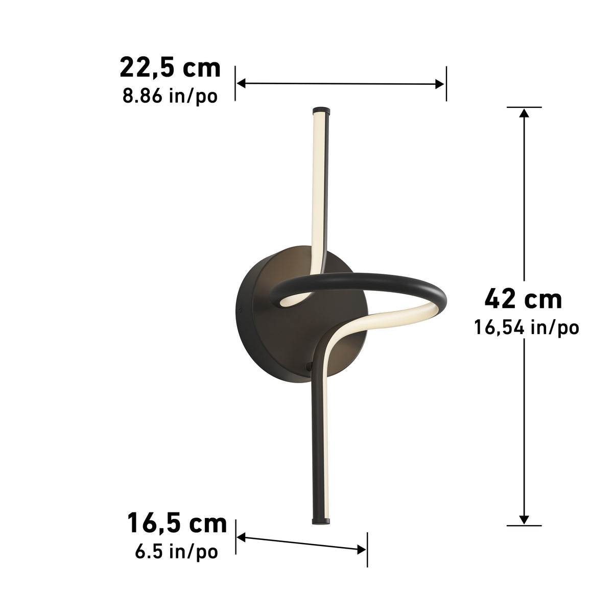 The Artika Swirl LED Sconce is a modern wall light featuring a circular base and curved LED bars. It measures 22.5 cm (8.86 in) wide, 42 cm (16.54 in) tall, and extends 16.5 cm (6.5 in) from the wall.