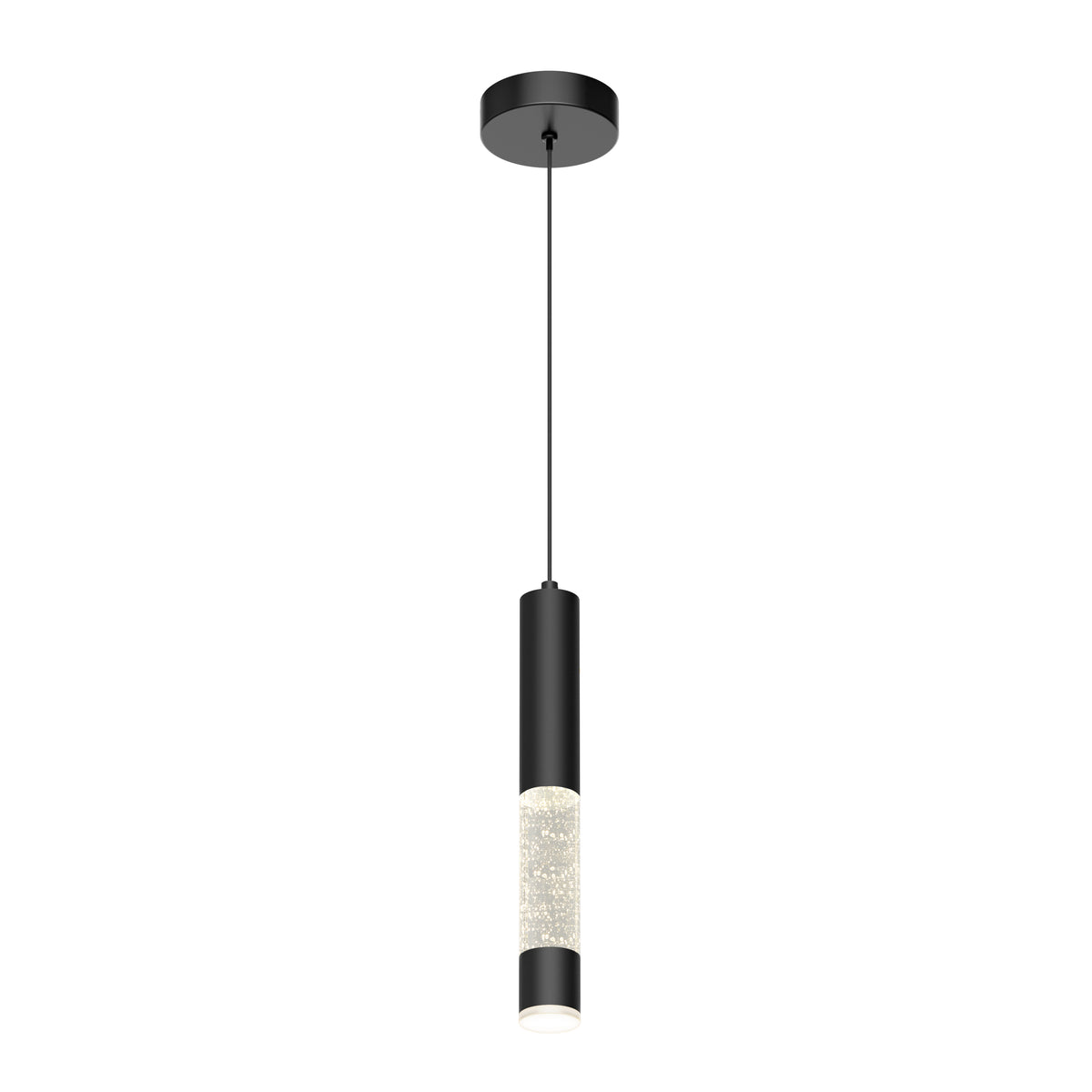 The Mist LED pendant light by Artika showcases a modern black cylindrical design with a textured translucent diffuser, suspended from a slim black cord and round ceiling mount.