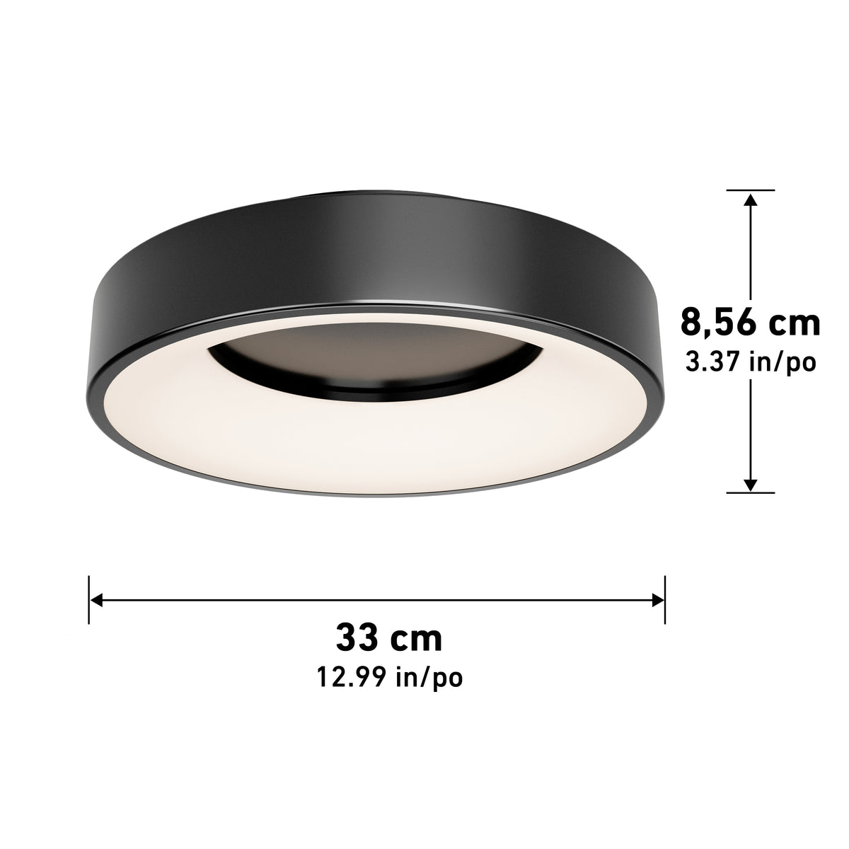 The Artika Aiden LED flush mount is a round, modern black ceiling light (33 cm/12.99 in diameter, 8.56 cm/3.37 in height) with a white illuminated surface, shown with measurement arrows.