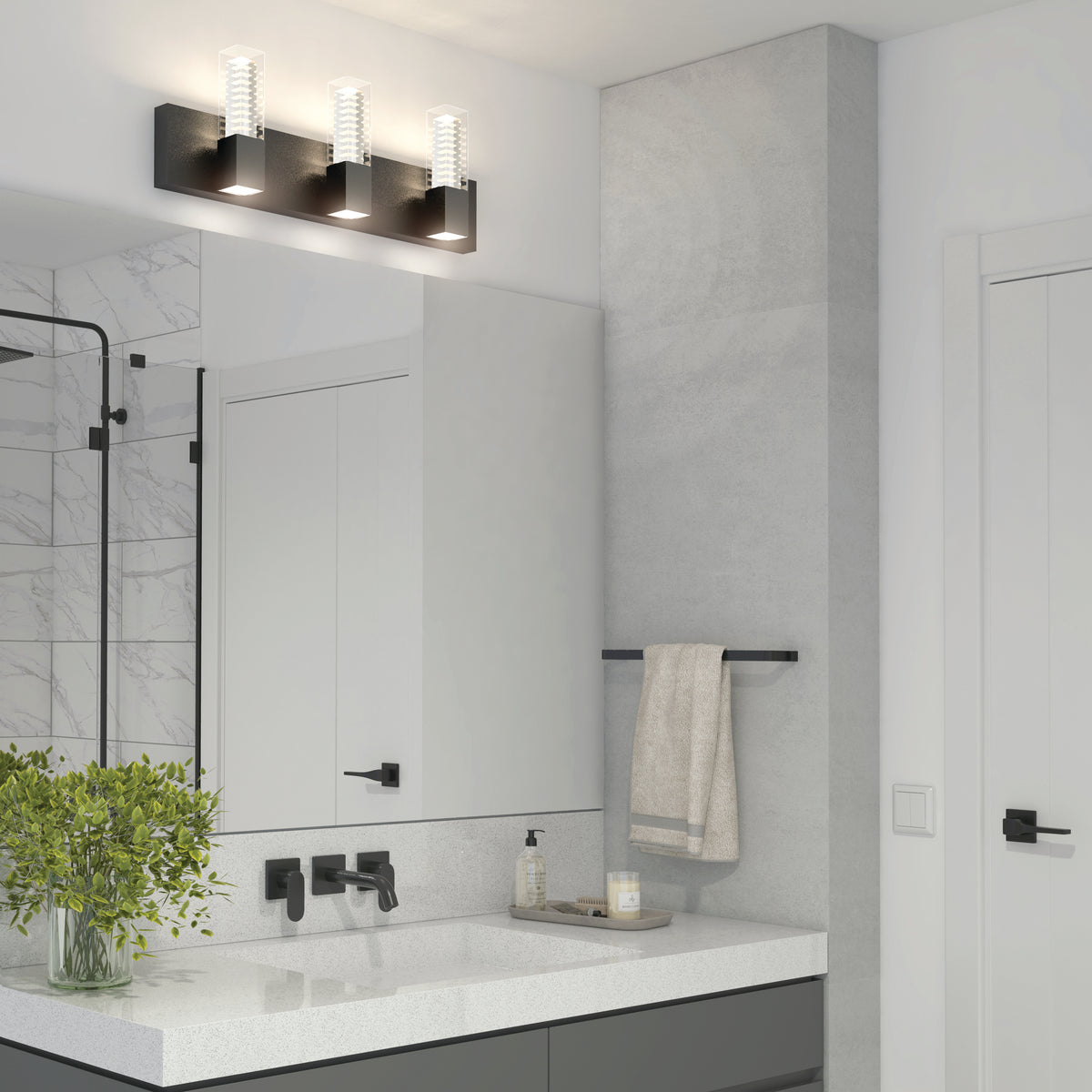 Modern bathroom with a large mirror, Artika Hologram LED vanity light 5 CCT above, potted plant on sink, and wall towel.