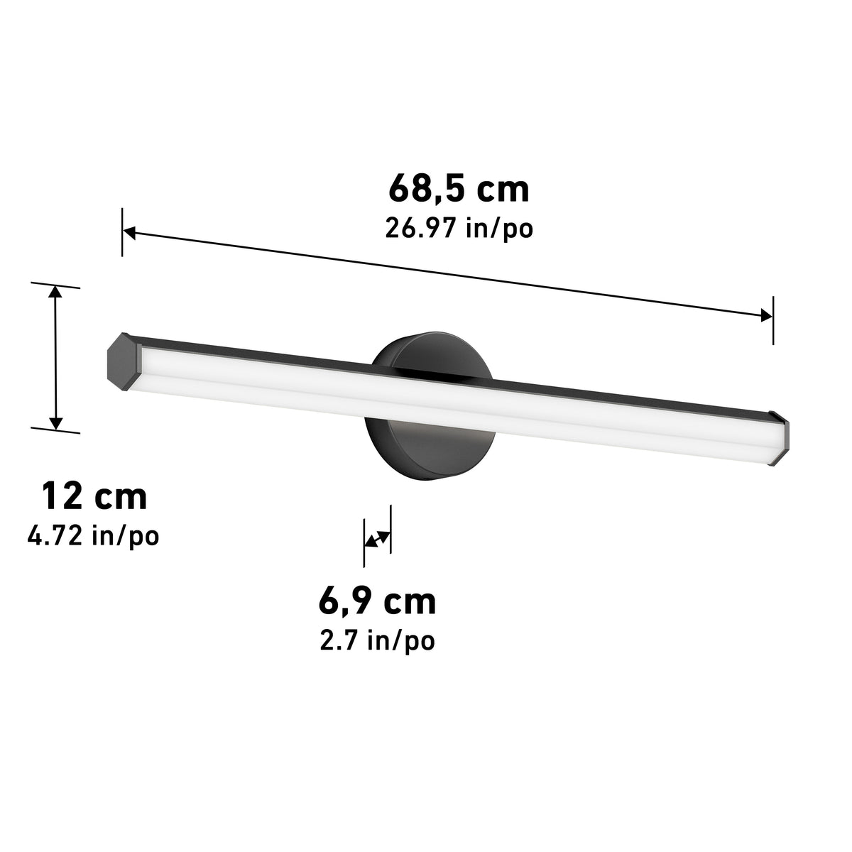 The Ewen modern LED bathroom vanity light 5 CCT by Artika offers adjustable tones for mirrors; sizes listed in cm and inches.