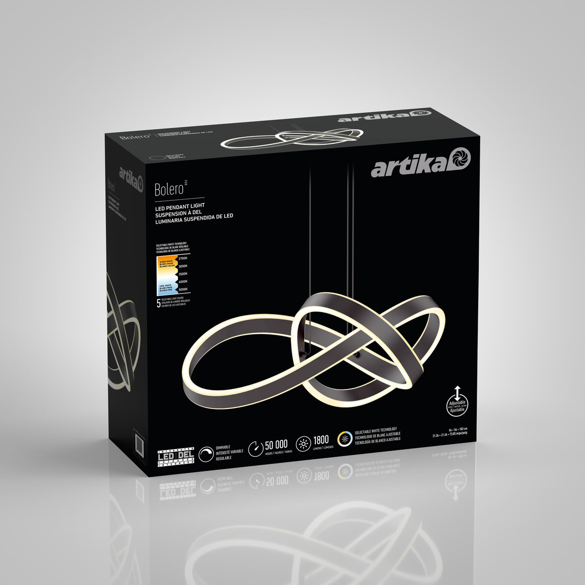 Black box packaging for Artika Bolero LED pendant light 5 CCT, featuring a modern intertwined circular LED design on the front, product details, logo, and specifications.