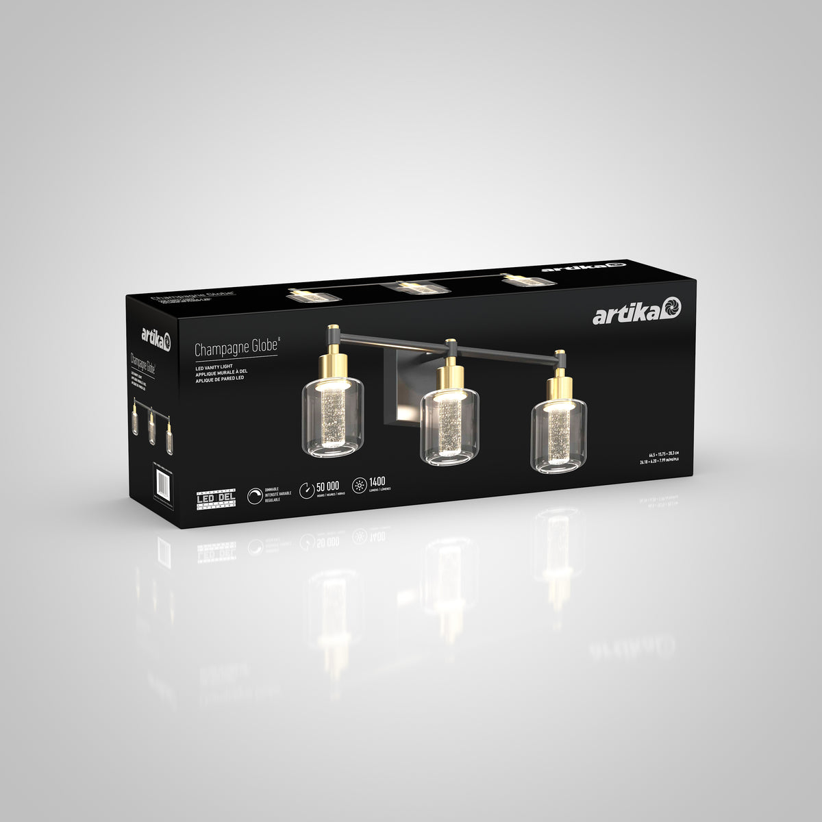 A black box for the Artika Champagne Globe bathroom vanity light with gold-plated sconce design on the packaging.