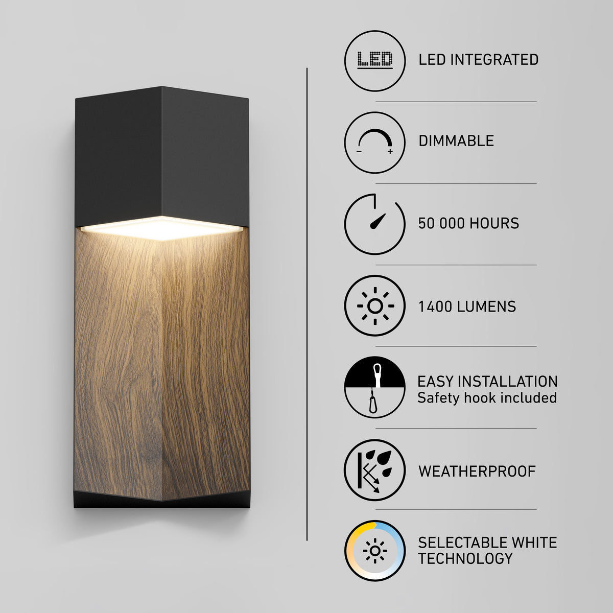 The Artika Howel modern LED indoor-outdoor wall light 5 CCT features a wood and black finish, integrated dimmable LED, 1400 lumens, 50,000-hour lifespan, easy installation, weatherproof design, and selectable white technology.